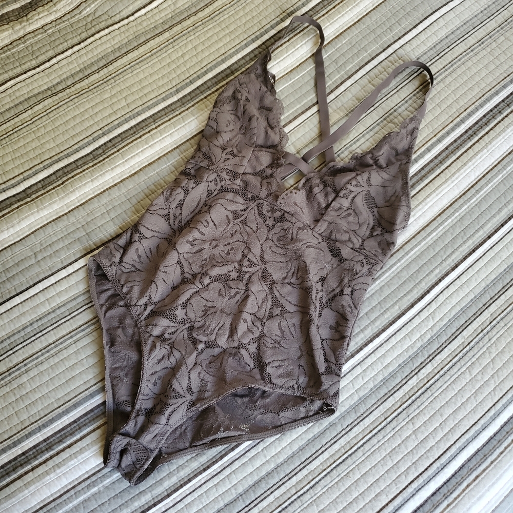 Aerie Gray Lace Racerback Body Suit